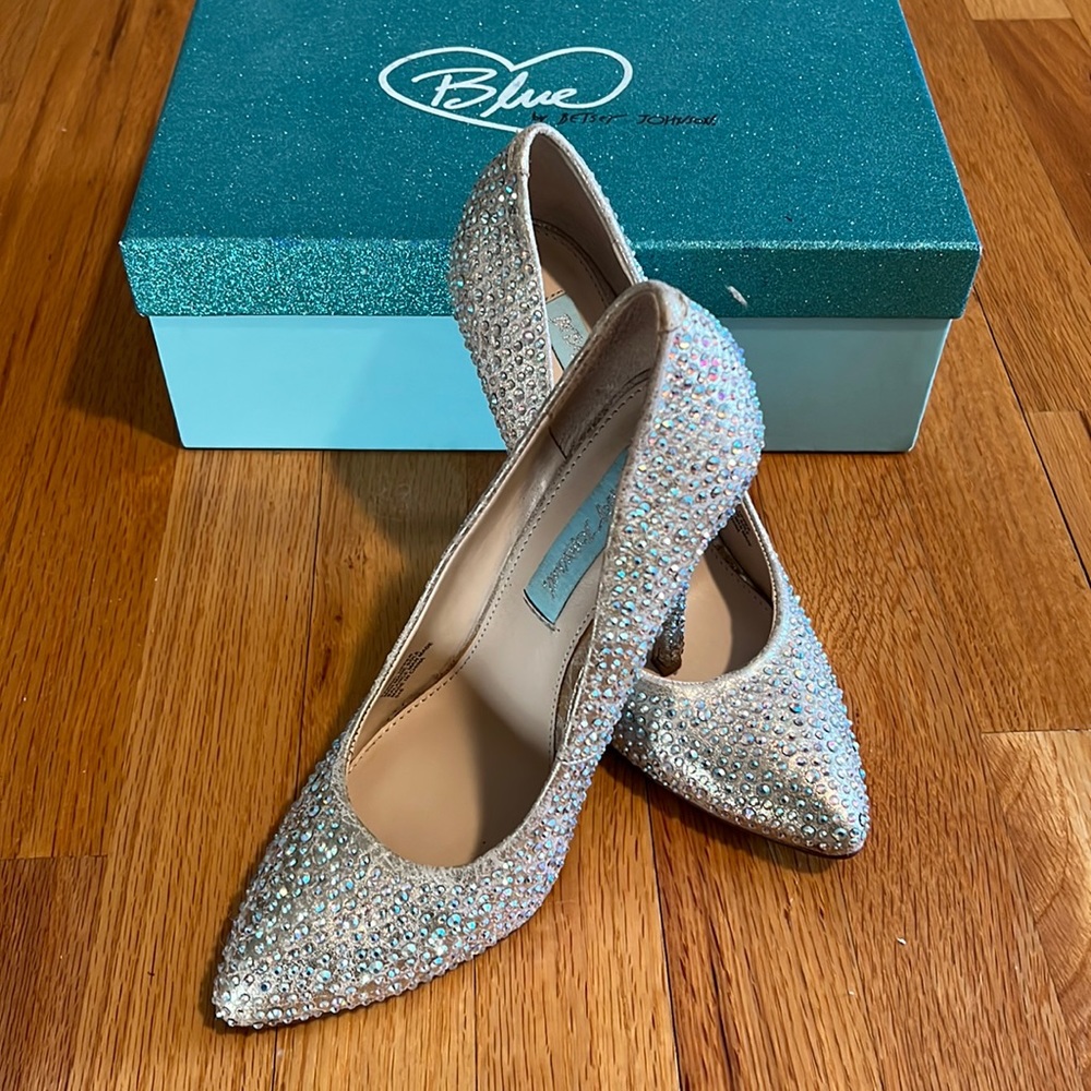 Betsey Johnson rhinestone heels, blue collection, wedding, bridal shoes